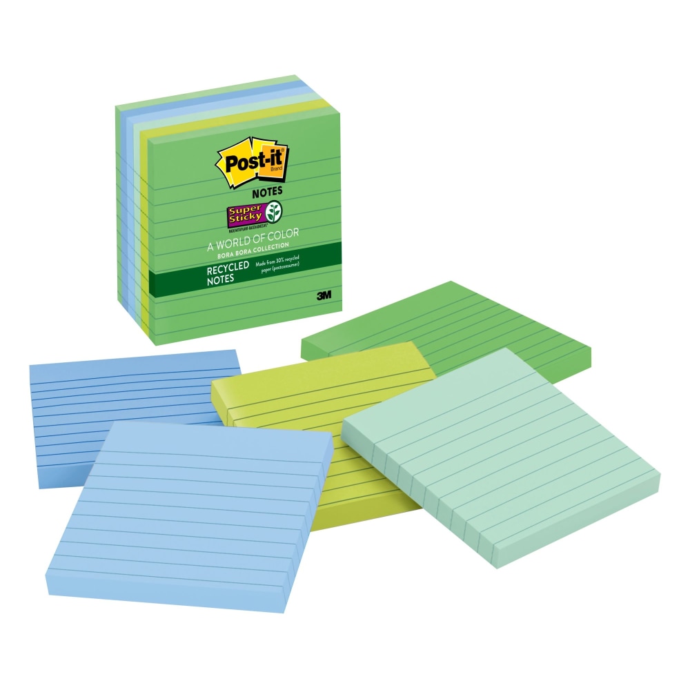 Post-it Recycled Super Sticky Notes, 4 in x 4 in, 6 Pads, 90 Sheets/Pad, 2x the Sticking Power, Oasis Collection, Lined (Min Order Qty 5) MPN:675-6SST