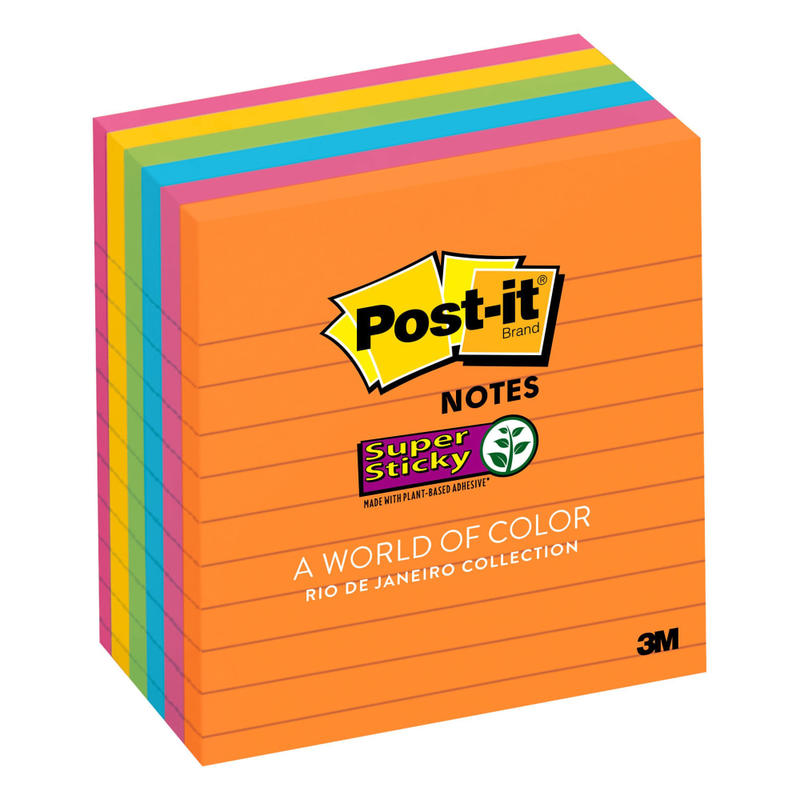 Post-it Super Sticky Notes, 4 in x 4 in, 6 Pads, 90 Sheets/Pad, Lined, 2x the Sticking Power, Back to School Supplies for Students, Sticky Notes for Textbooks and Notebooks, Energy Boost Collection (Min Order Qty 4) MPN:675-6SSUC