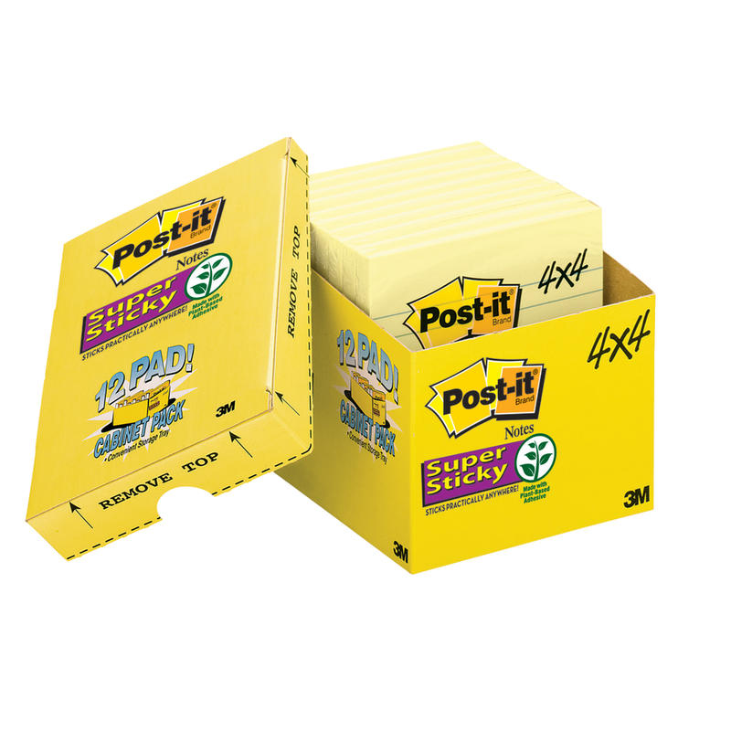 Post-it Super Sticky Notes, 4 in x 4 in, 12 Pads, 90 Sheets/Pad, 2x the Sticking Power, Canary Yellow, Lined (Min Order Qty 3) MPN:67512SSCP