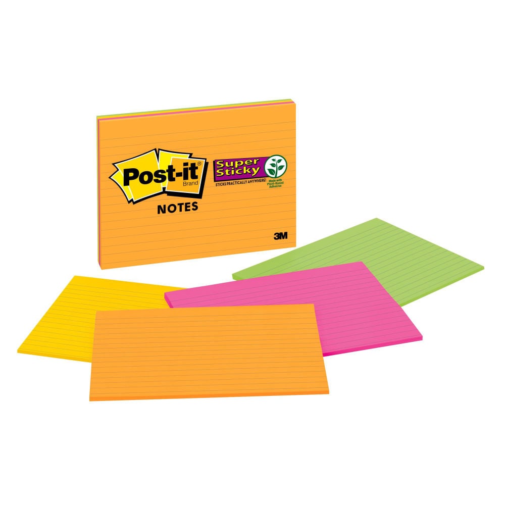 Post-it Super Sticky Notes, 8 in x 6 in, 4 Pads, 45 Sheets/Pad, 2x the Sticking Power, Energy Boost Collection, Lined (Min Order Qty 5) MPN:6845-SSPL