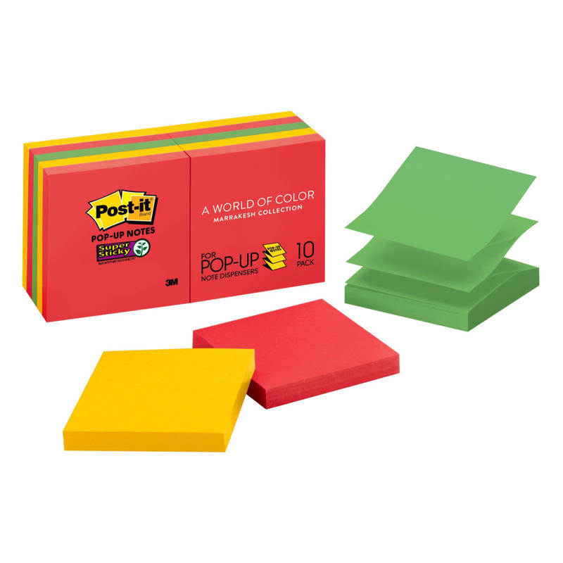 Post-it Super Sticky Pop Up Notes, 3 in x 3 in, 10 Pads, 90 Sheets/Pad, 2x the Sticking Power, Playful Primaries Collection (Min Order Qty 4) MPN:R330-10SSAN