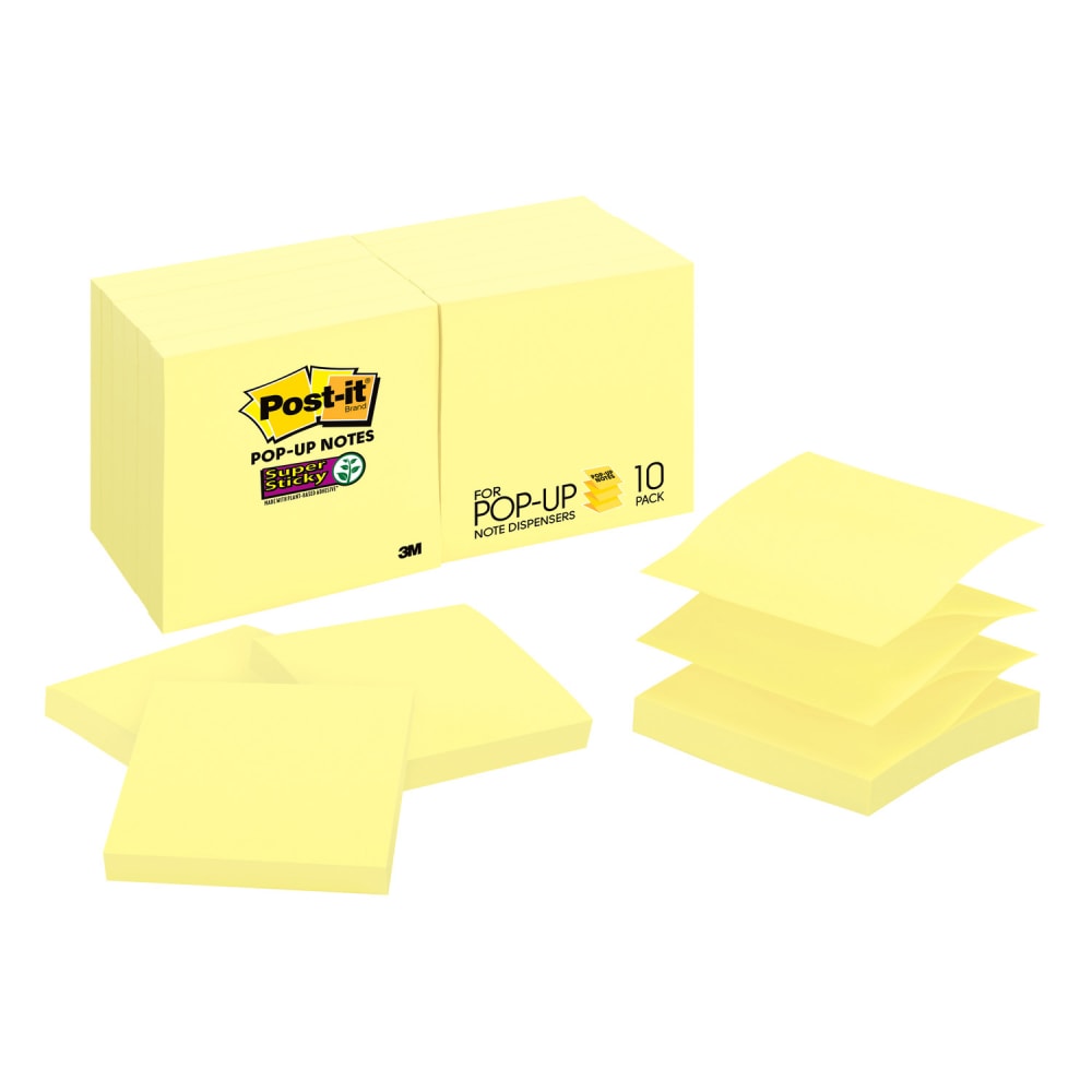 Post-it Super Sticky Pop Up Notes, 3 in x 3 in, 10 Pads, 90 Sheets/Pad, 2x the Sticking Power, Canary Yellow (Min Order Qty 5) MPN:R330-10SSCY