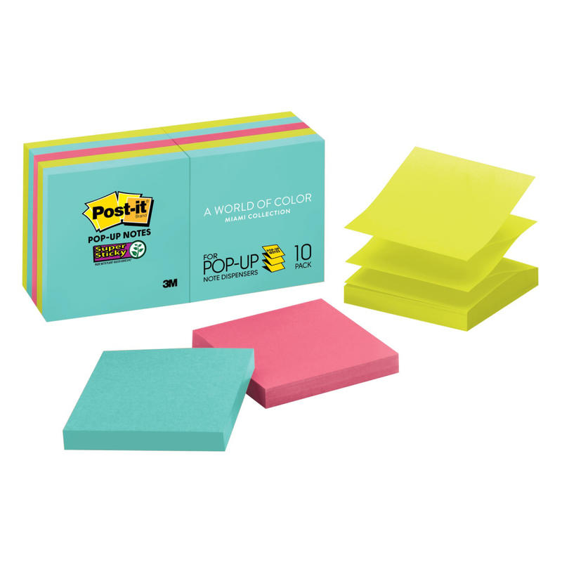 Post-it Super Sticky Pop Up Notes, 3 in x 3 in, 10 Pads, 90 Sheets/Pad, 2x the Sticking Power, Supernova Neons Collection (Min Order Qty 4) MPN:R330-10SSMIA