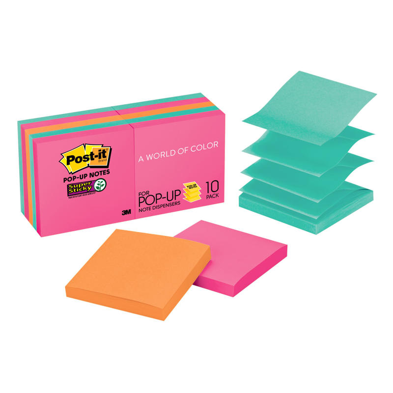 Post-it Super Sticky Pop Up Notes, 3 in x 3 in, 10 Pads, 90 Sheets/Pad, 2x the Sticking Power, Energy Boost Collection (Min Order Qty 4) MPN:R330-10SSPGO