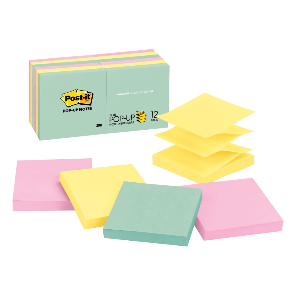 Post-it Pop Up Notes, 3 in x 3 in, 12 Pads, 100 Sheets/Pad, Clean Removal, Beachside Cafe Collection (Min Order Qty 4) MPN:R330-12AP