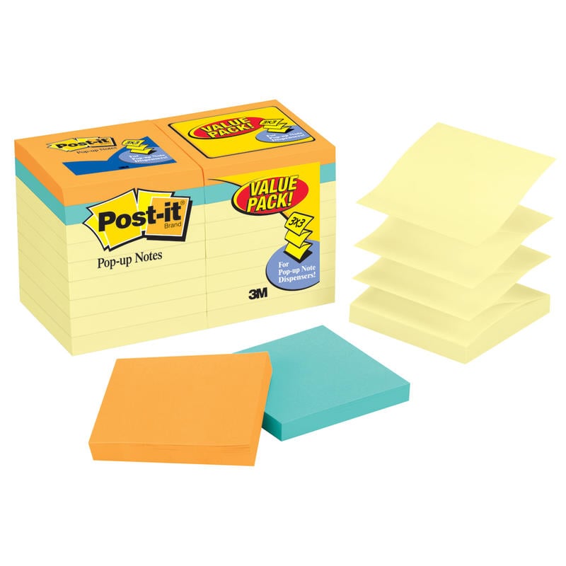 Post-it Pop Up Notes Value Pack, 3 in x 3 in, 18 Pads, 100 Sheets/Pad, Clean Removal, Canary Yellow and Assorted Colors (Min Order Qty 3) MPN:R330-14-4B