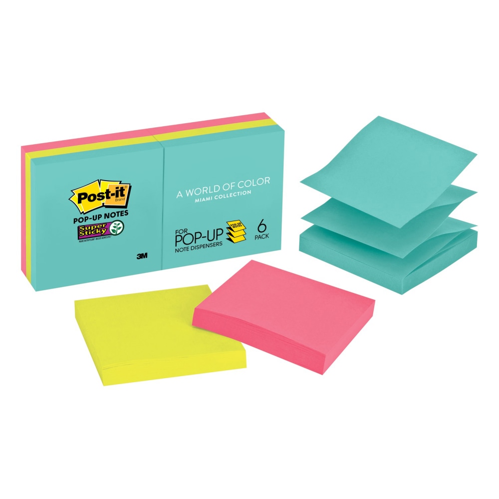 Post-it Super Sticky Pop Up Notes, 3 in x 3 in, 6 Pads, 90 Sheets/Pad, 2x the Sticking Power, Supernova Neons Collection (Min Order Qty 6) MPN:R330-6SSMIA