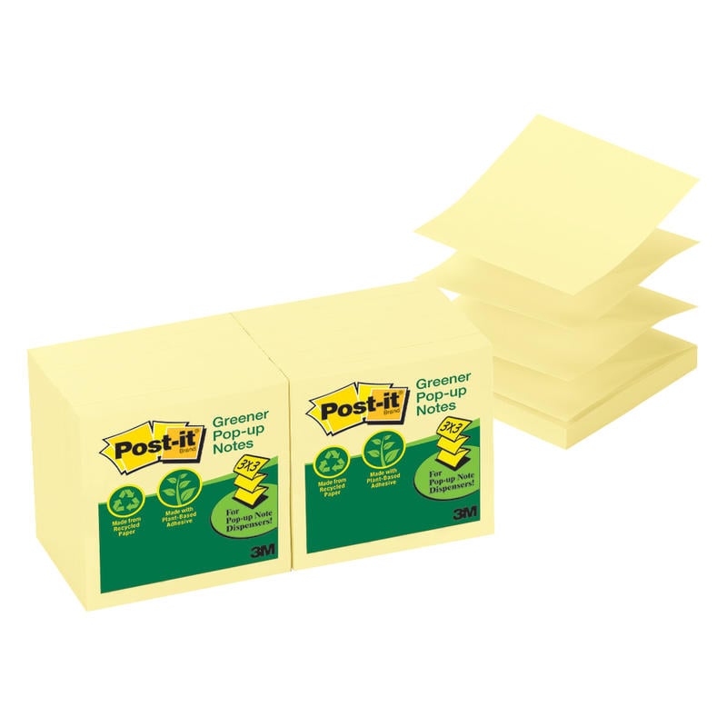 Post-it Greener Pop Up Notes, 3 in x 3 in, 12 Pads, 100 Sheets/Pad, Clean Removal, Canary Yellow (Min Order Qty 4) MPN:R330RP-12YW