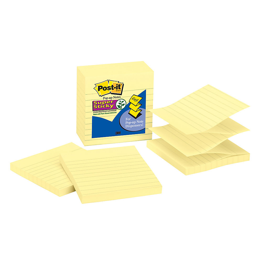 Post-it Super Sticky Pop Up Notes, 4 in x 4 in, 5 Pads, 90 Sheets/Pad, 2x the Sticking Power, Canary Yellow, Lined (Min Order Qty 6) MPN:R440-YWSS