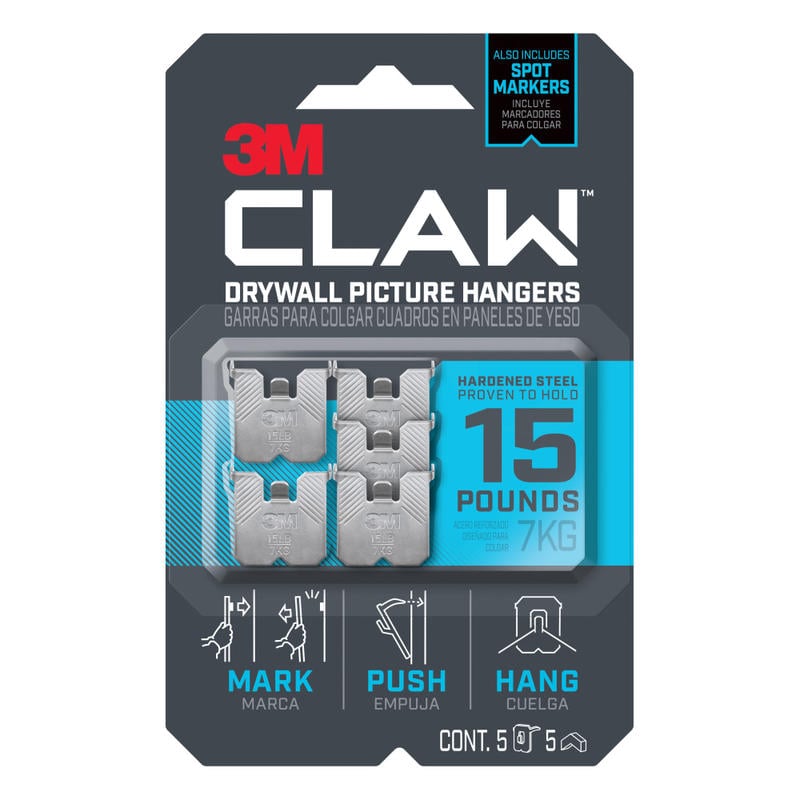 3M Claw Drywall Picture Hanger 15-lb Capacity, Pack of 5 Hangers, 5 Spot Markers (Min Order Qty 9) MPN:3PH15M-5ES