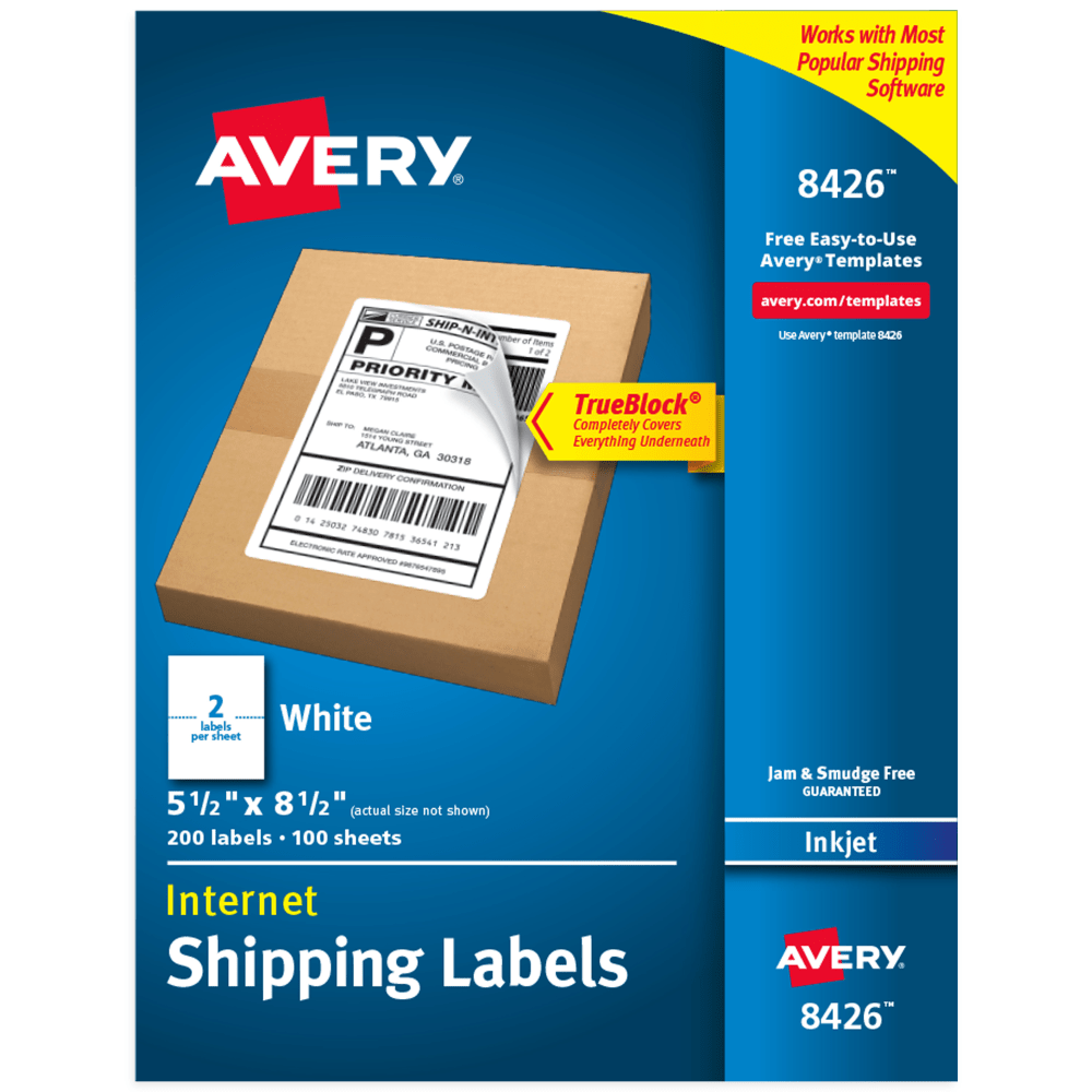 Avery Printable Blank Shipping Labels, 8426, Rectangle, 5-1/2in x 8-1/2in, White, Pack Of 200 Labels (Min Order Qty 2) MPN:08426