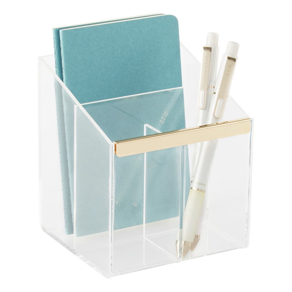 Realspace Vayla Acrylic 3-Compartment Pen Holder, 4-7/8inH x 4inW x 4-1/8inD, Clear/Gold (Min Order Qty 8) MPN:ST14601