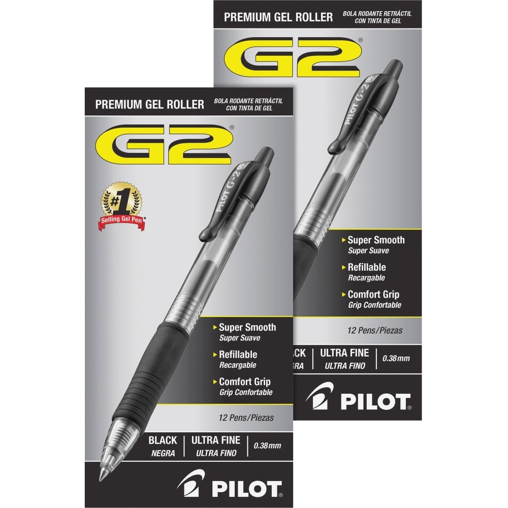 Pilot G2 Premium Gel Roller Retractable Pens - Ultra Fine Pen Point - 0.38 mm Pen Point Size - Refillable - Retractable - Black Gel-based Ink - Clear Barrel - 24 / Bundle (Min Order Qty 2) MPN:PIL31277BD