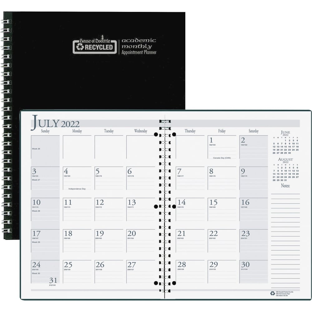 House of Doolittle Black Cover Academic Monthly Planner - Monthly - 14 Month - July 2024 - August 2025 - 1 Month Double Page Layout - 8 1/2in x 11in Sheet Size - 1.75in x 1.75in Block - 3-ring - Black Cover - 1 Each (Min Order Qty 7) MPN:26302