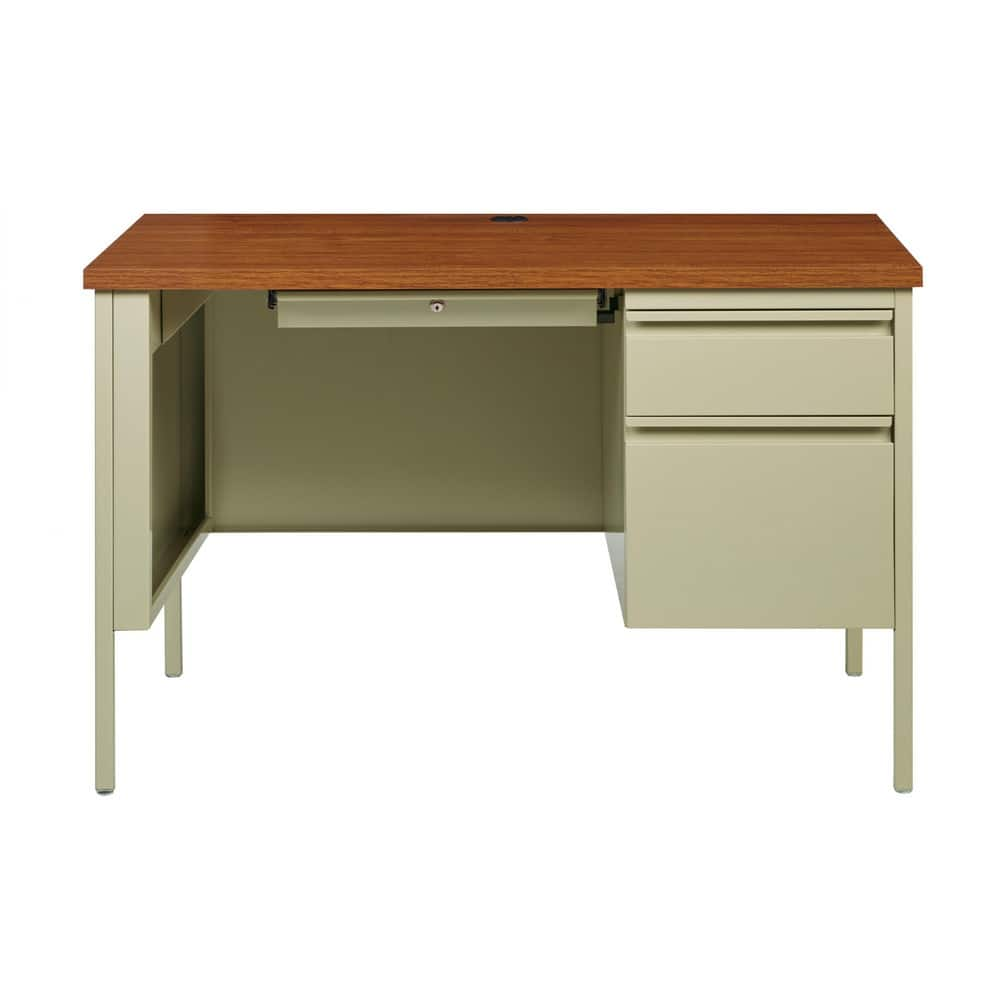 Steel Base Right Pedestal Desk: Woodgrain Laminate Top, Putty & Oak MPN:22213