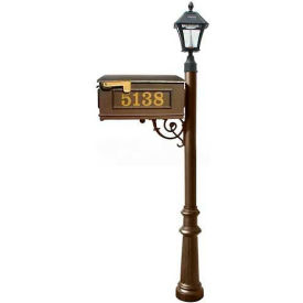 Mailbox Post (Fluted Base & Black Bayview Solar Lamp) with Vinyl Numbers Support Brace Bronze LMCV-800-SL-BZ