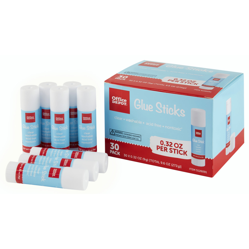 Office Depot Brand Glue Sticks, 0.32 Oz, Clear, Pack Of 30 Glue Sticks (Min Order Qty 5) MPN:881321