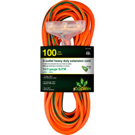 GoGreen Power 14/3 100' 3-Outlet Heavy Duty Extension Cord GG-15100 Lighted End GG-15100