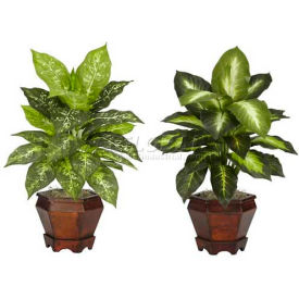 Nearly Natural Dieffenbachia with Wood Vase Silk Plant (Set of 2) Assorted 6712-AS-S2