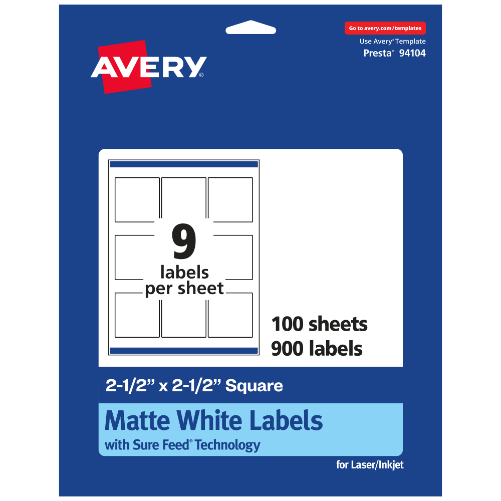 Avery Permanent Labels With Sure Feed, 94104-WMP100, Square, 2-1/2in x 2-1/2in, White, Pack Of 900 MPN:94104-WMP100