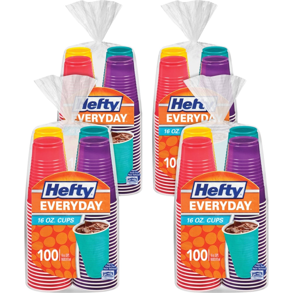 Hefty Everyday 16 oz Disposable Party Cups - 100 / Pack - 4 / Carton - Yellow, Purple, Red, Teal, Assorted Bright - Plastic - Cold Drink, Party MPN:C21637CT