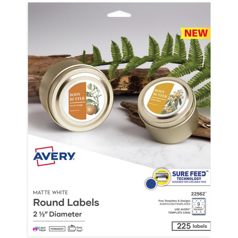 Avery Printable Labels With Sure Feed, 22562, Round, 2.5in Diameter, Matte White, 225 Customizable Labels (Min Order Qty 4) MPN:22562