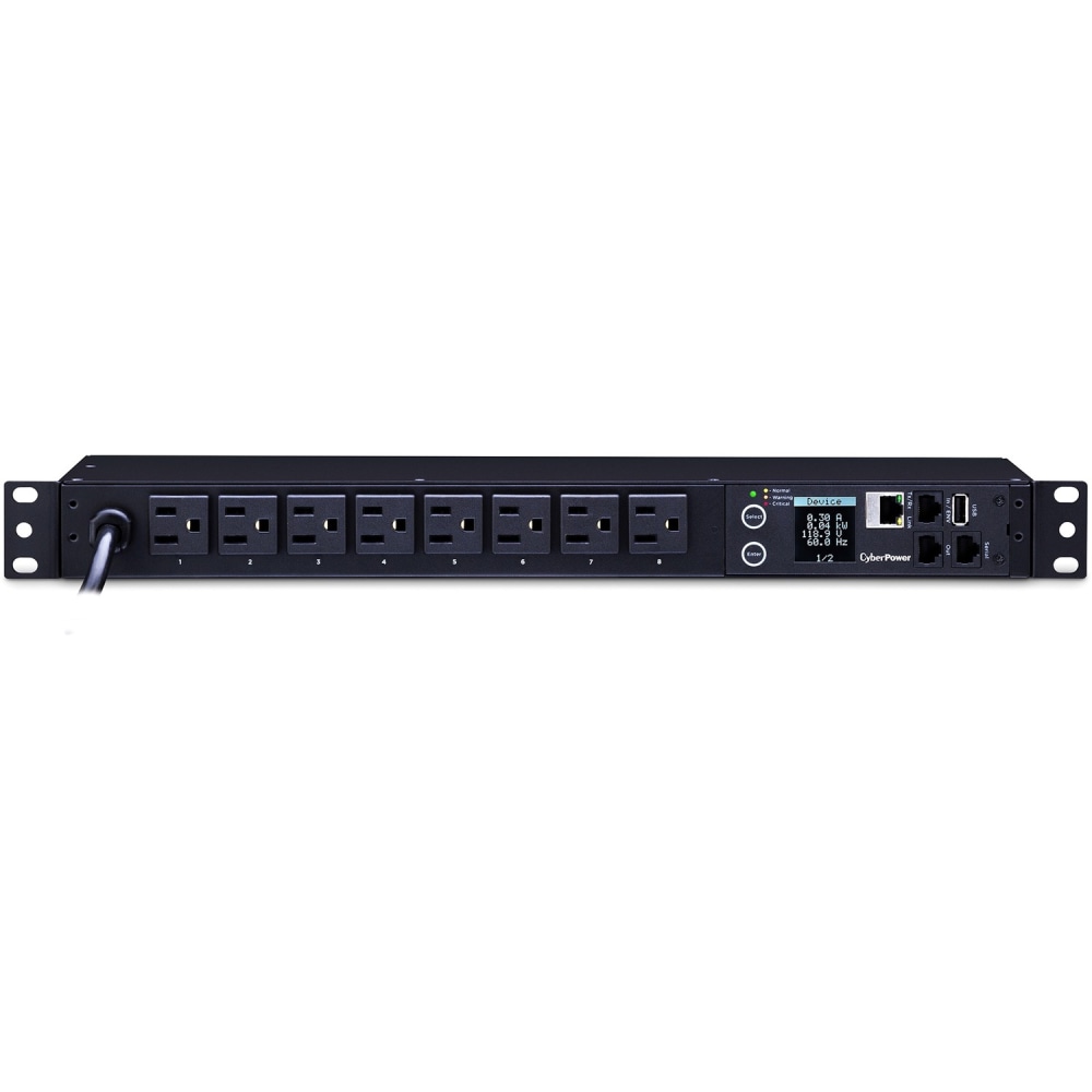 CyberPower Monitored Series PDU31001 - Power distribution unit (rack-mountable) - AC 100-120 V - Ethernet, serial - input: NEMA 5-15P - output connectors: 8 (8 x NEMA 5-15P) - 1U - 12 ft cord MPN:PDU31001