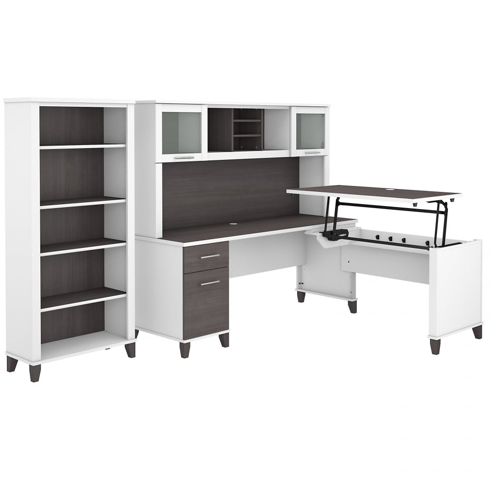 Bush Furniture Somerset 72inW 3-Position Sit-to-Stand L-Shaped Desk With Hutch And Bookcase, Storm Gray/White, Standard Delivery MPN:SET017SGWH