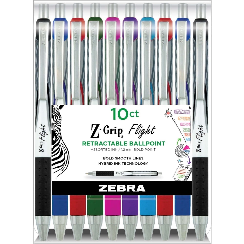 Zebra Pen Z-Grip Flight Retractable Pens - Bold Pen Point - 1.2 mm Pen Point Size - Retractable - Multi Gel-based Ink - Assorted Plastic Barrel - 10 / Pack (Min Order Qty 6) MPN:21901