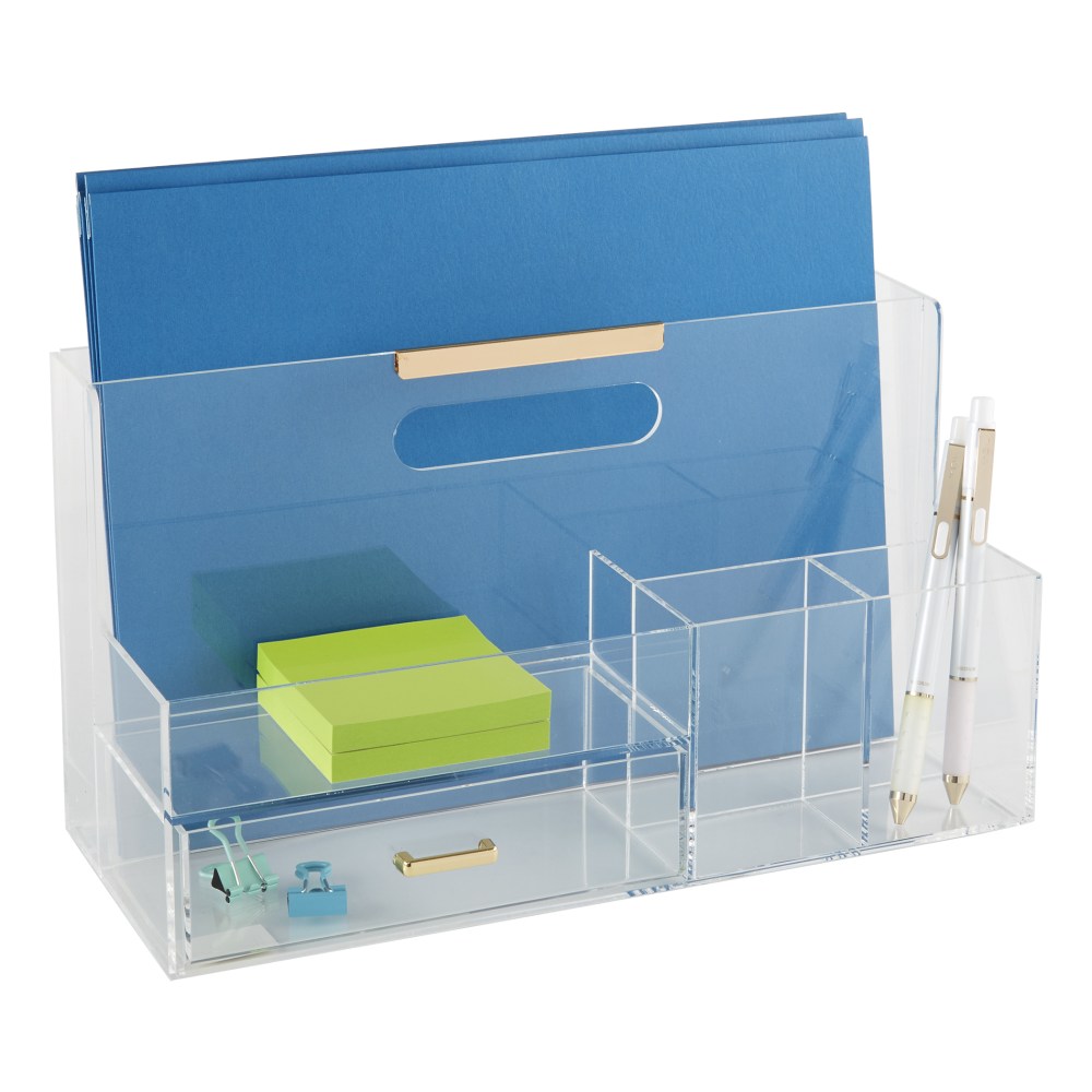 Realspace Vayla Acrylic Desk Caddy With Drawer, 6-7/8inH x 12-1/2inW x 5-3/8inD, Clear/Gold (Min Order Qty 2) MPN:ST15301