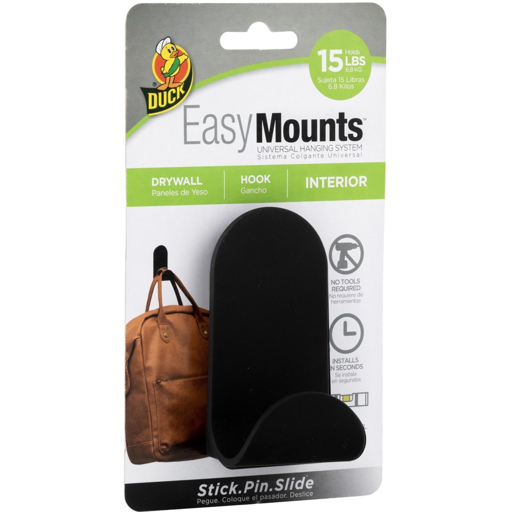 Duck Brand EasyMounts Interior Drywall J Hook - 15 lb (6.80 kg) Capacity - 1.8in Width - 3.5in Length - for Sports Equipment - Black - Matte - 1 Each (Min Order Qty 6) MPN:287390