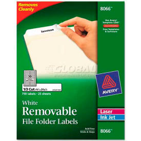 Avery® Removable Inkjet/Laser Filing Labels 2/3 x 3-7/16 White 750/Pack 8066