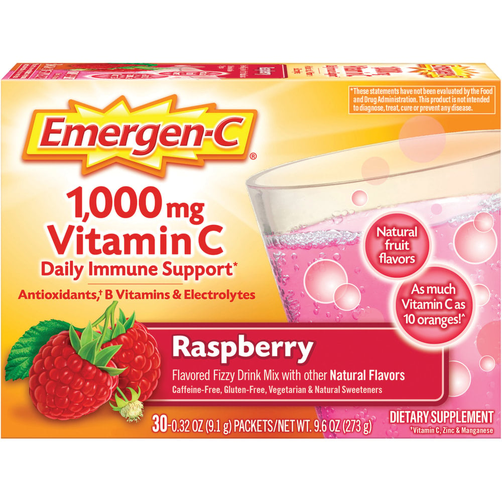 Emergen-C Vitamin C Drink Mix For Immune Support, 0.32 Oz, Raspberry, Box Of 30 Packs (Min Order Qty 4) MPN:GKC30201