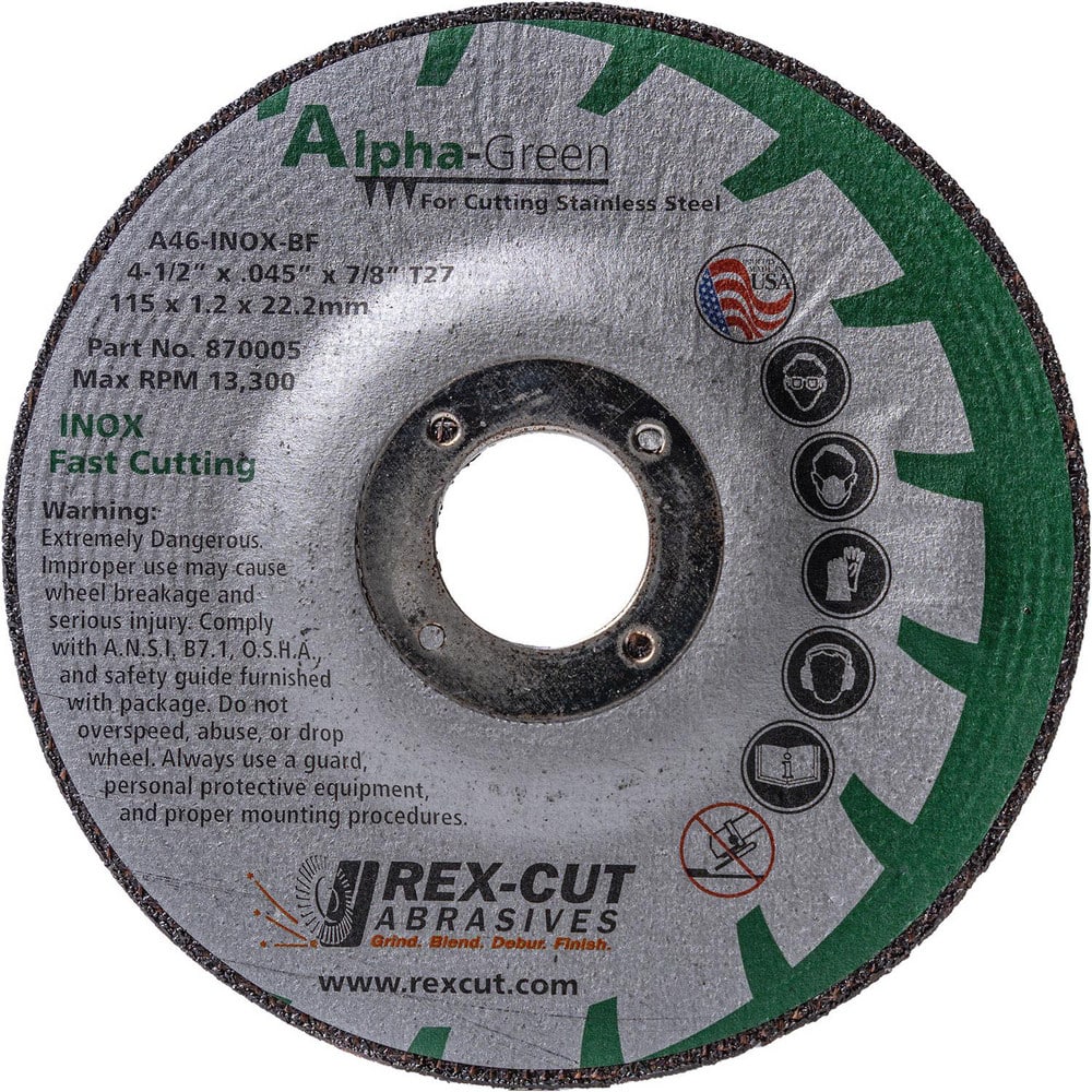 Cutoff Wheels, Wheel Diameter (Inch): 4-1/2 , Wheel Thickness (Inch): 0.04 , Hole Size (Inch): 7/8 , Abrasive Material: Aluminum Oxide  MPN:870004