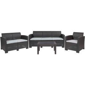 Flash Furniture® 4 Piece Faux Rattan Outdoor Loveseat Set Dark Gray w/ Light Gray Cushions -SF-123T-DKGY-GGDAD