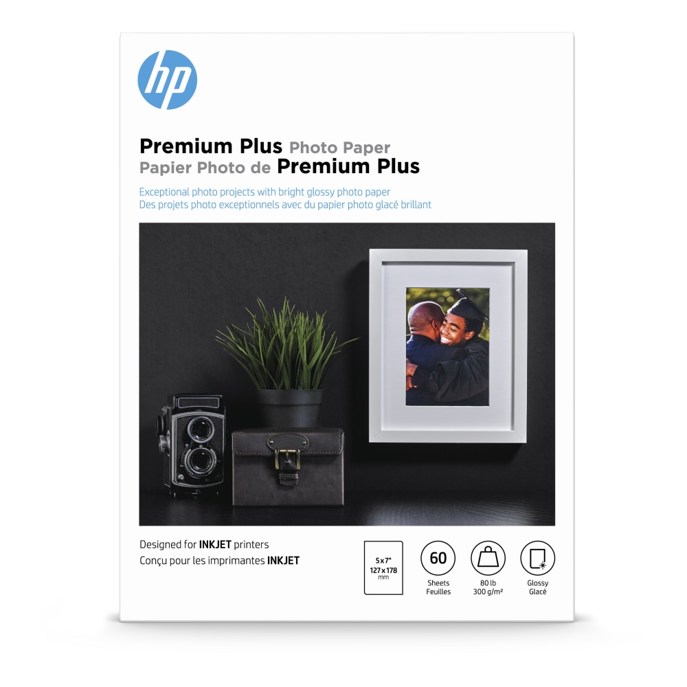 HP Premium Plus Photo Paper for Inkjet Printers, Glossy, 5in x 7in, 80 Lb., Pack Of 60 Sheets (CR669A) (Min Order Qty 3) MPN:CR669A