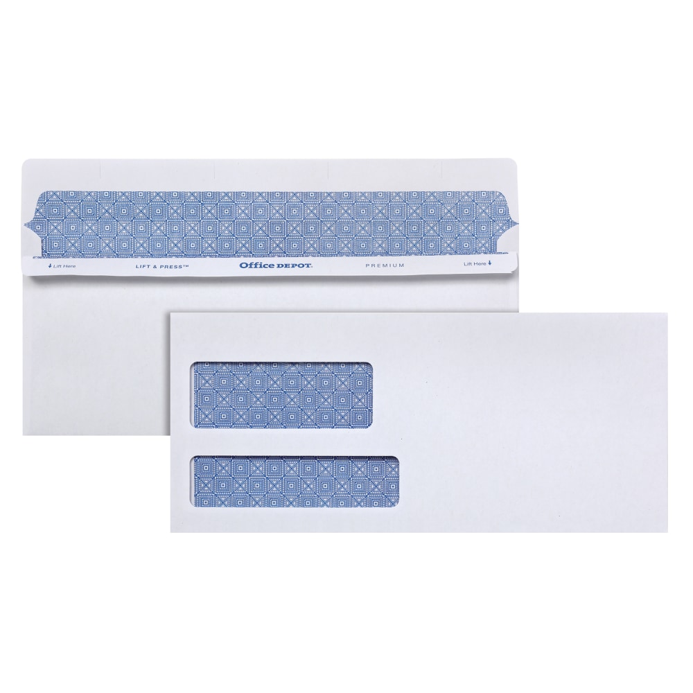 Office Depot Brand #10 Lift & Press Premium Security Envelopes, Double-Window, Self Seal, 100% Recycled, White, Box Of 500 (Min Order Qty 2) MPN:ODP76133