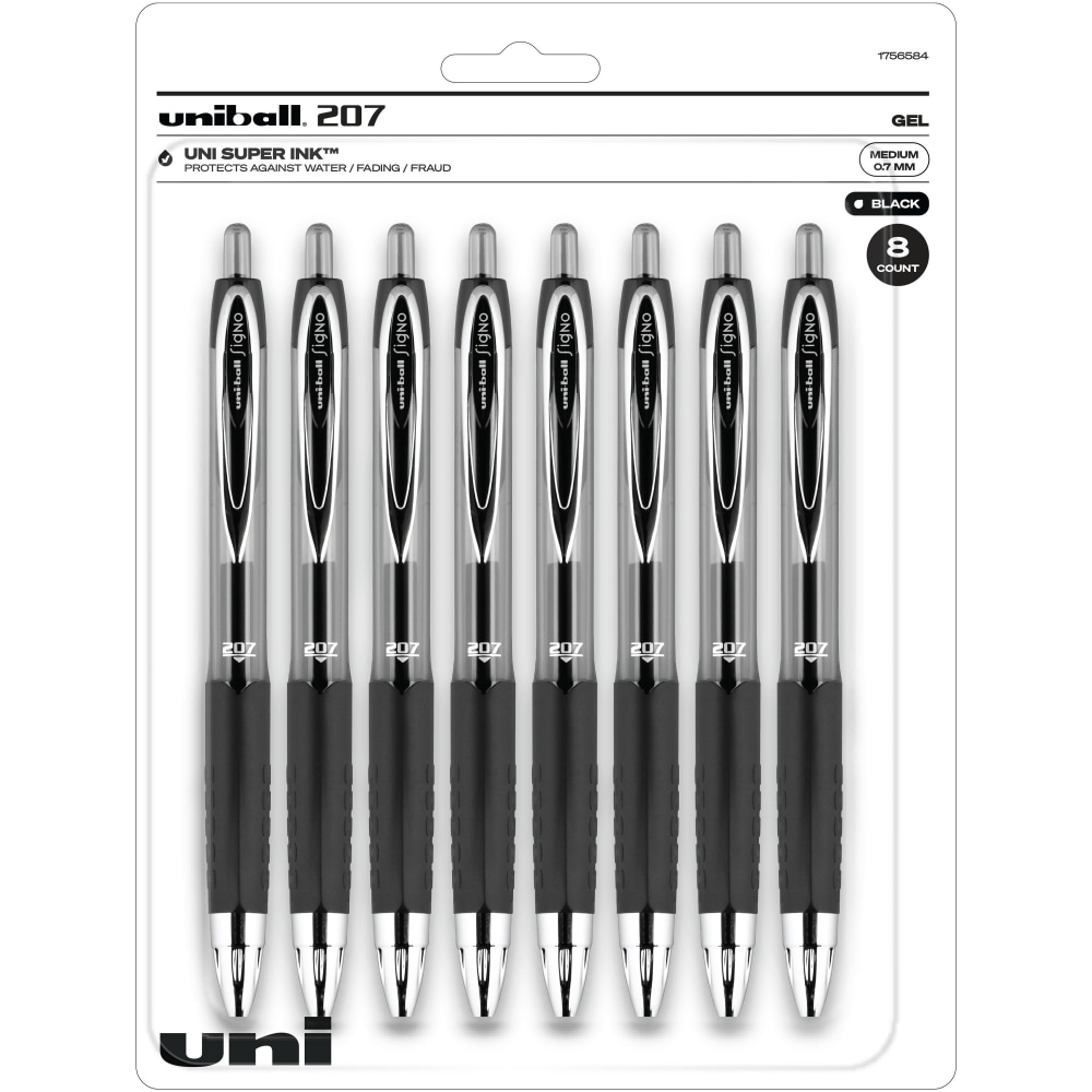 uniball 207 Gel Pens, Pack Of 8, Medium Point, 0.7 mm, Translucent Black Barrel, Black Ink (Min Order Qty 6) MPN:1756584