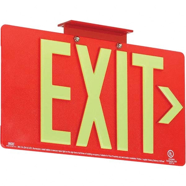 Illuminated Exit Signs, Number of Faces: 1 , Letter Color: Photoluminescent , Housing Material: Thermoplastic , Housing Color: Red , Voltage: 120 V  MPN:93099292