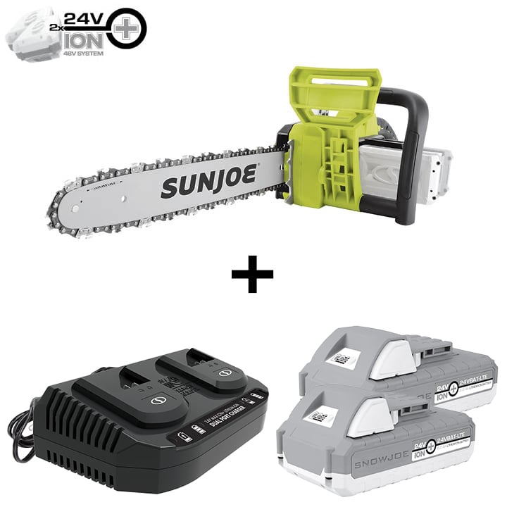 Sun Joe 24V-X2-CS16 48-Volt* IONMAX Cordless Chain Saw Kit | 16-inch | W/ 2 x 2.0-Ah Batteries + Dual Port Charger