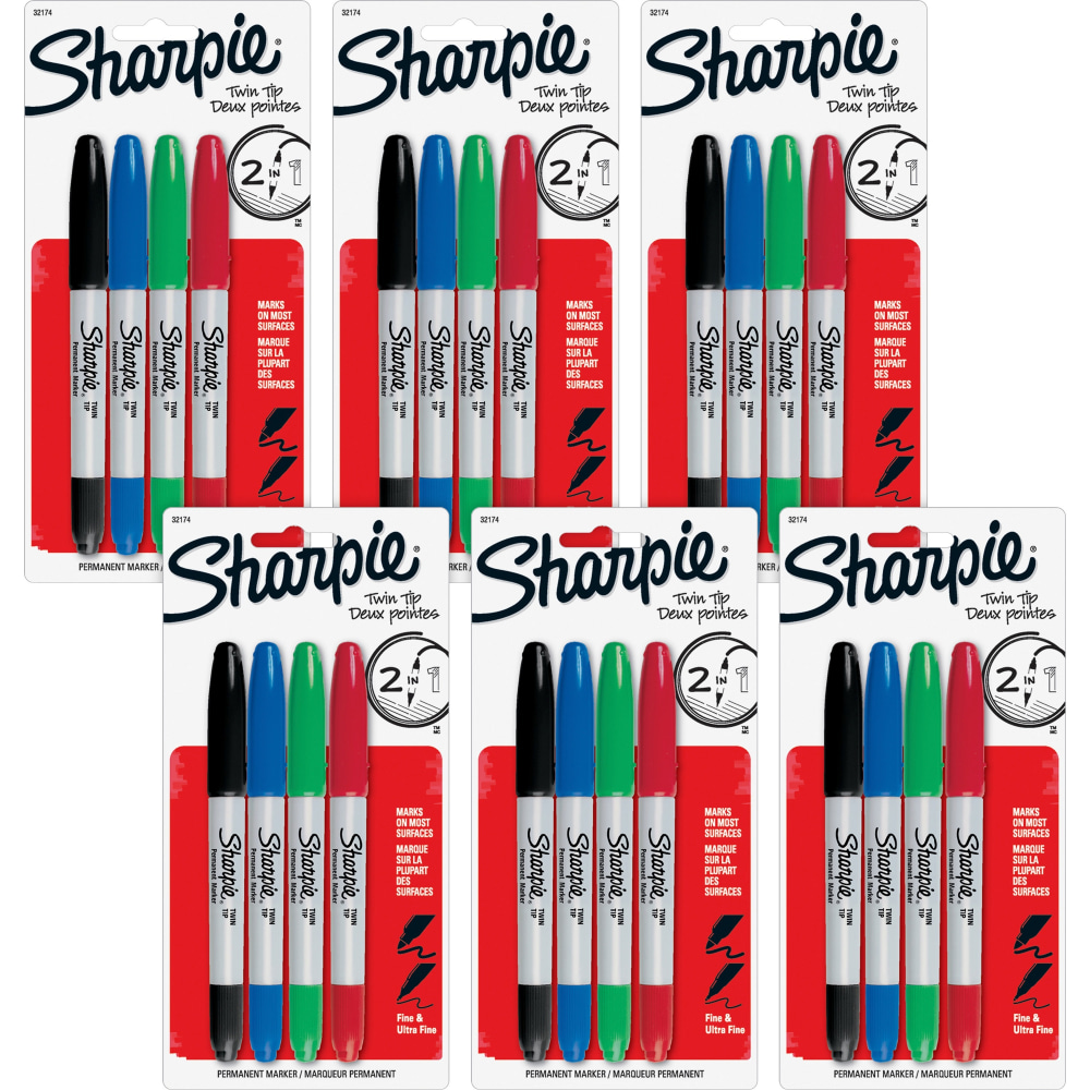 Sharpie Twin Tip Permanent Markers - Ultra Fine, Fine Marker Point - 0.3 mm, 1 mm Marker Point Size - Red, Green, Blue, Black Alcohol Based Ink - 6 / Bag MPN:32174PPBG