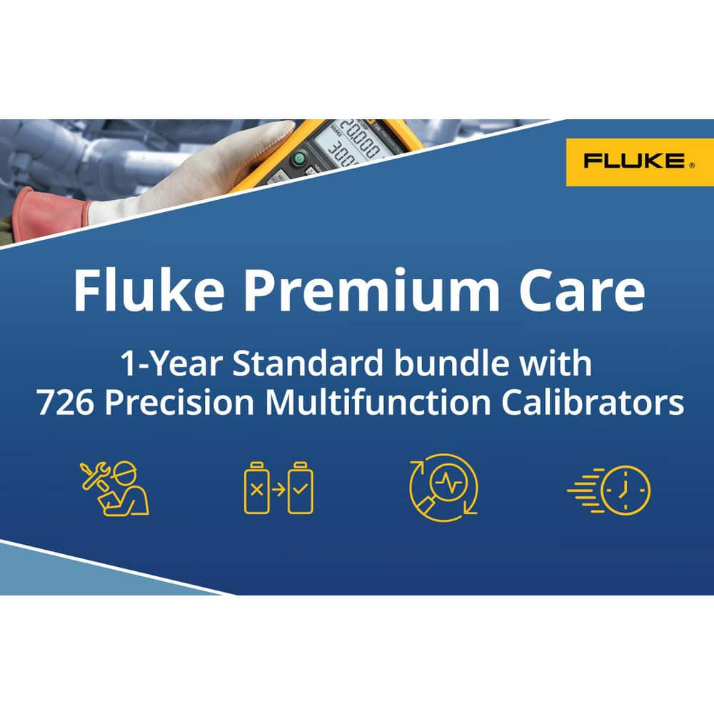 Fluke 726 Calibrator plus Fluke Premium Care ensures your test tool function properly and limits unplanned downtime and costs. Standard service level provides coverage above and beyond the original product warranty.   One fee MPN:FLUKE-726/FPC