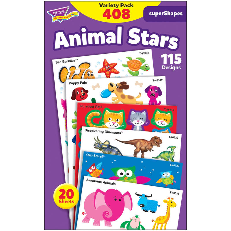 Trend Animal Fun Stickers Variety Pack - Fun, Animal Theme/Subject - Sea Buddies, Owl-Stars, Puppy Pals Shape - Photo-safe, Non-toxic, Acid-free - 8in Height x 4.13in Width x 6.63in Length - Multicolor - 408 / Pack (Min Order Qty 8) MPN:46928