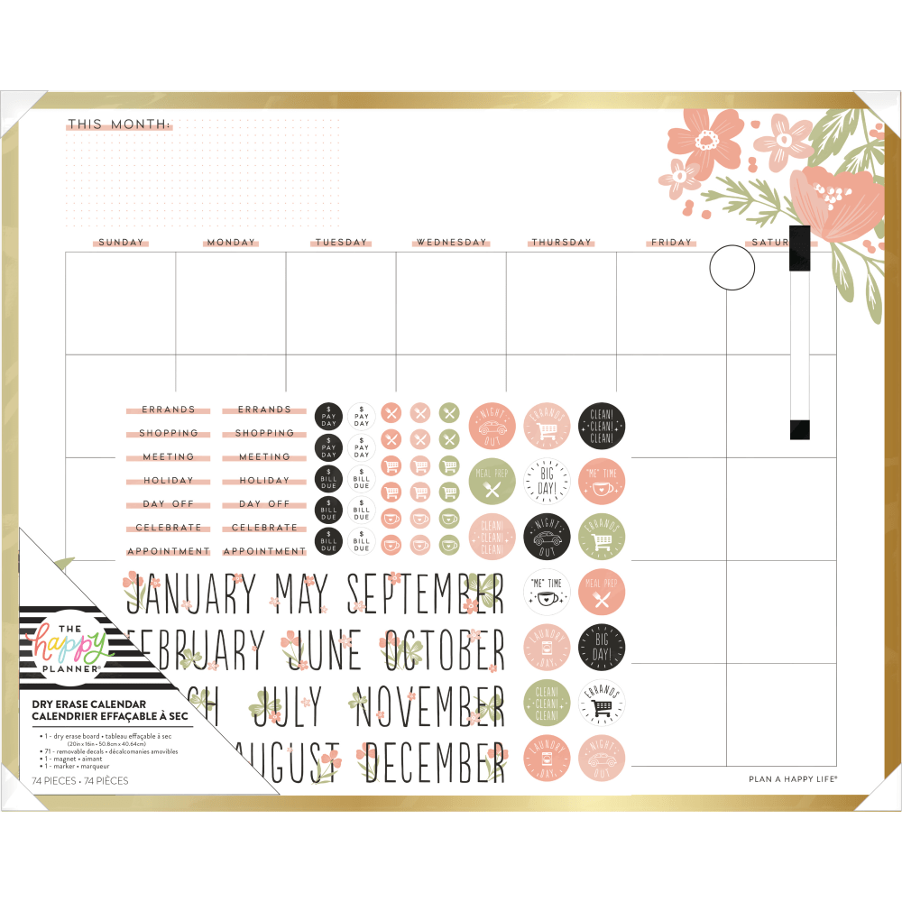 Happy Planner Non-Magnetic Dry-Erase Calendar Board, Tinned Iron, 20in x 16in, Happy Florals, Brushed Gold Metal Alloy Frame (Min Order Qty 4) MPN:AF3DEB-016