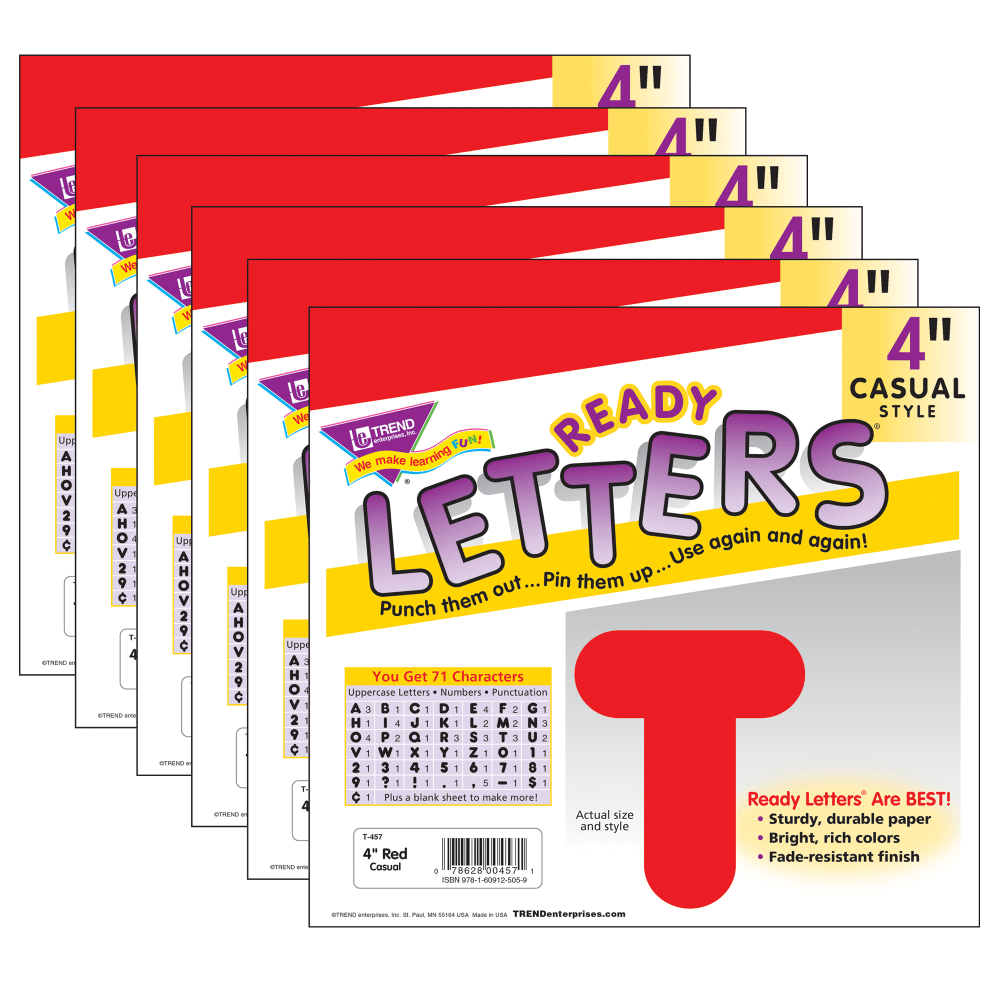 TREND Ready Letters, 4in, Casual Uppercase, Red, Set Of 6 Packs (Min Order Qty 2) MPN:T-457-6