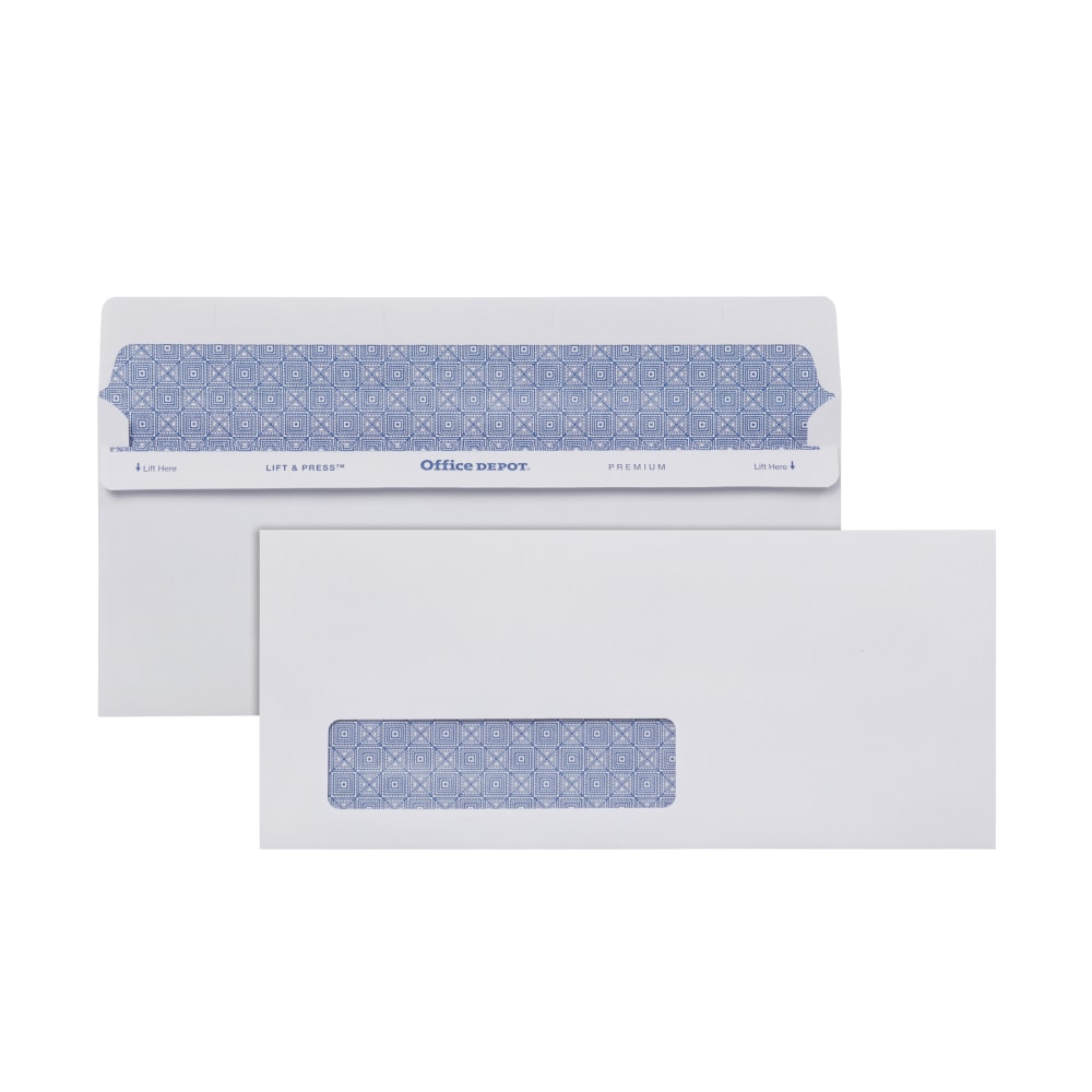 Office Depot Brand #10 Lift & Press Premium Security Envelopes, Left Window, Self Seal, 100% Recycled, White, Box Of 250 (Min Order Qty 3) MPN:ODP76172