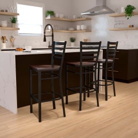 Flash Furniture Black Ladder Back Metal Restaurant Barstool - Walnut Wood Seat - HERCULES Series DG697BLAD-BAR-WALW-GGXU-