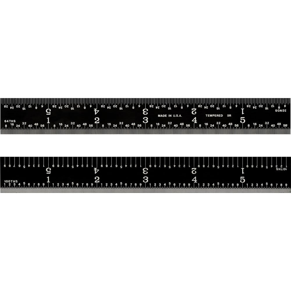 Steel Rules, Material: Steel , Length (Inch): 6 , Graduation (Inch): 1/64, 1/32, 1/16, 1/8 , Tip Style: Flat , Color: Black  MPN:523370060