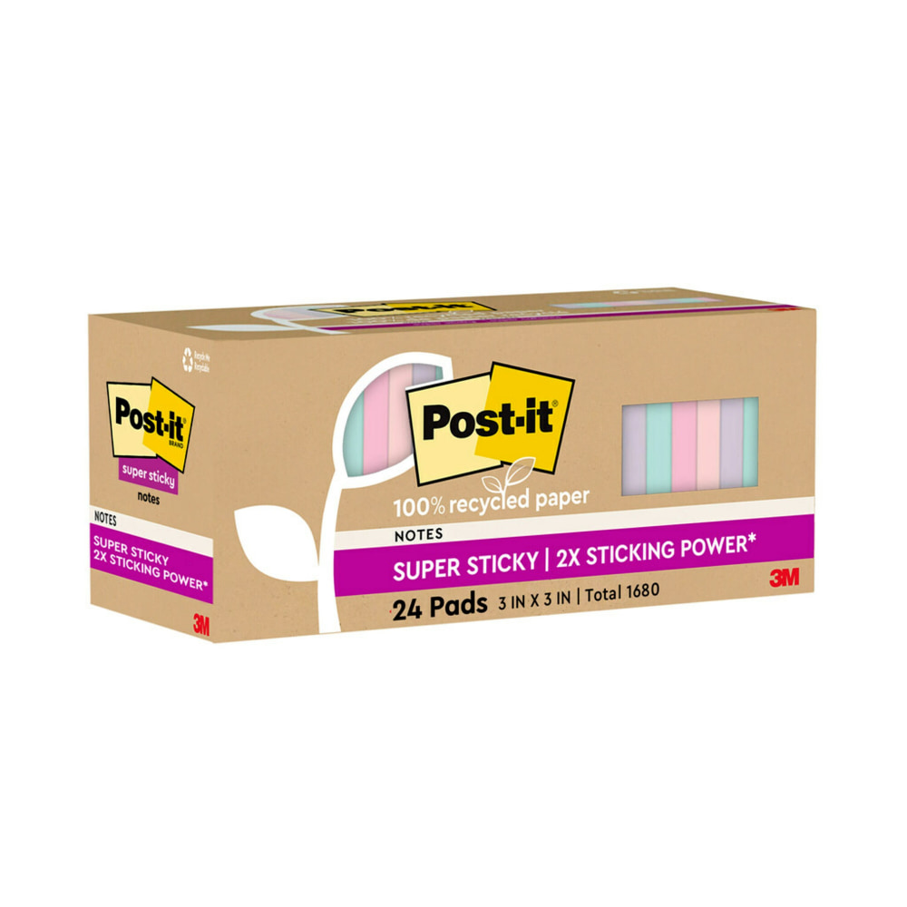 Post-it Super Sticky Recycled Notes, 3 in x 3 in, 24 Pads, 70 Sheets/Pad, 2x the Sticking Power, Wanderlust Pastels Collection, 100% Recycled (Min Order Qty 3) MPN:654R-24SSNRP-CP