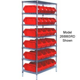 Quantum W7-18-30 Chrome Wire Shelving With 30 QuickPick Double Open Bins Red 18x36x74 W7-18-30RD